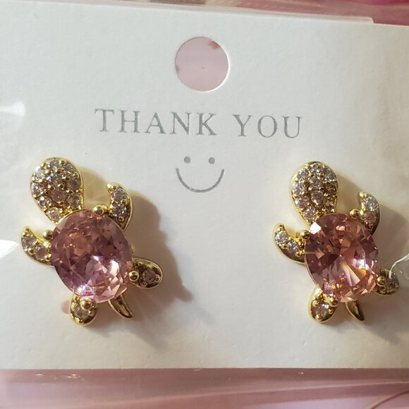 18K Gold Plated Zircon Pink Turtle Earrings - Picture 2 of 3